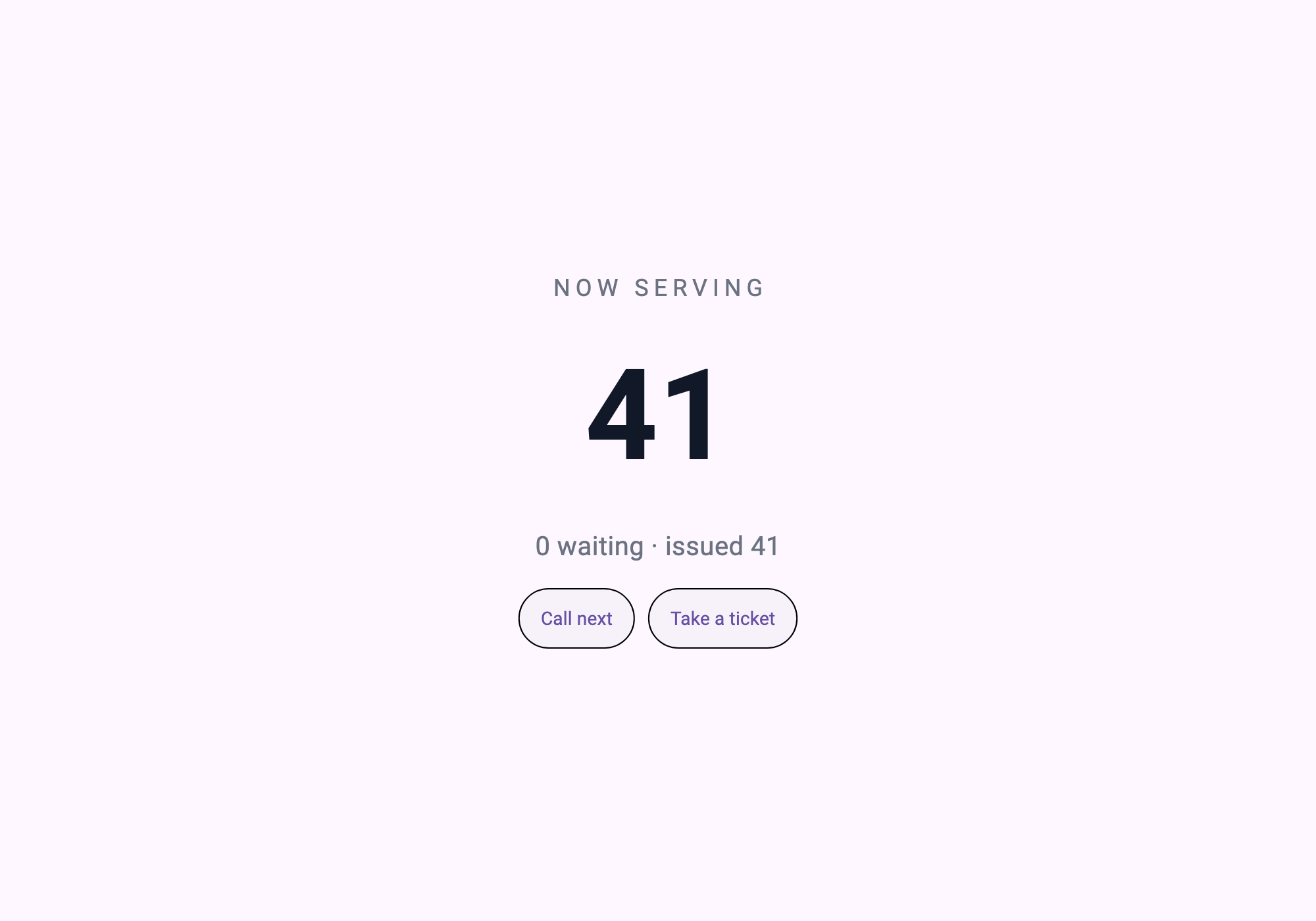 NOW SERVING 41 — 0 waiting · issued 41, Call next / Take a ticket