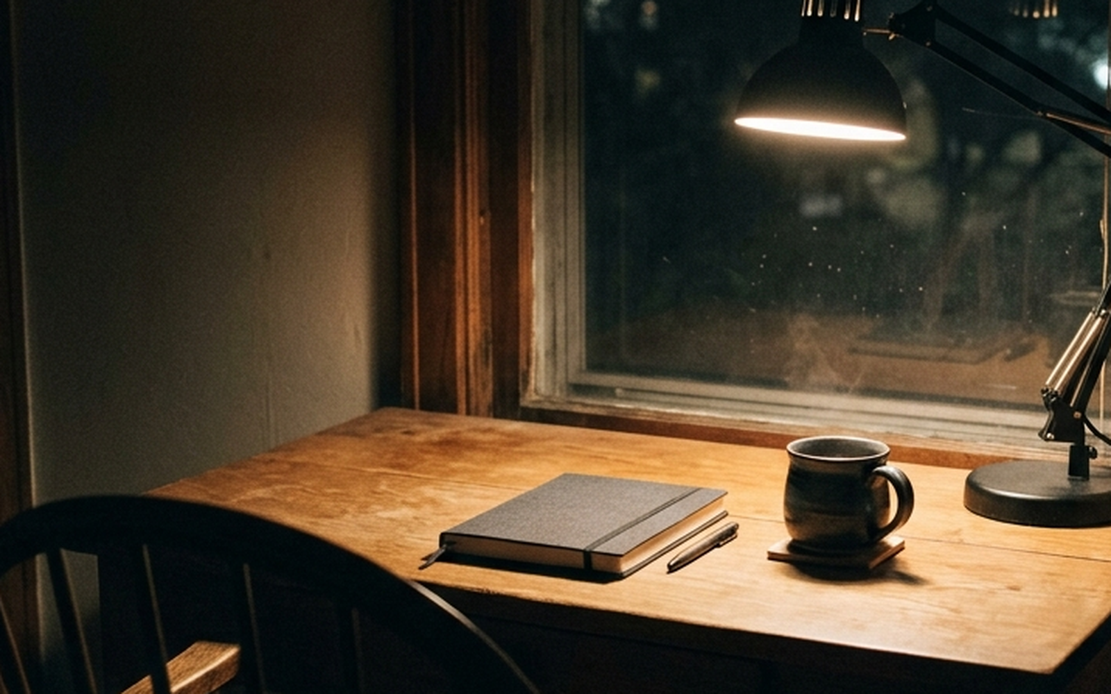 夜里的书桌，一盏灯和推开的椅子