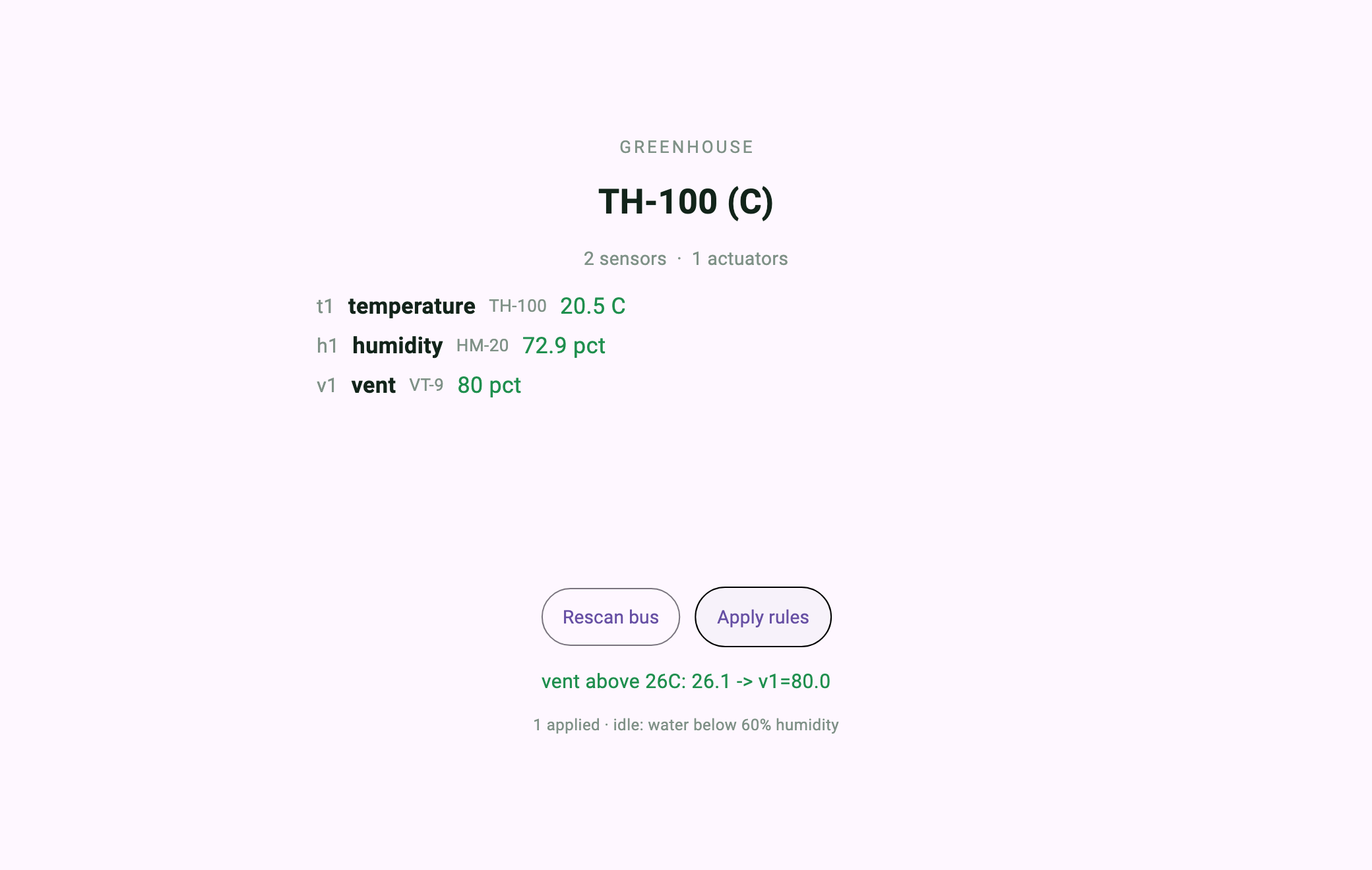天窓の規則が発動 — 26.5 度で v1=80%。湿度の規則はバルブが無いので idle 表示