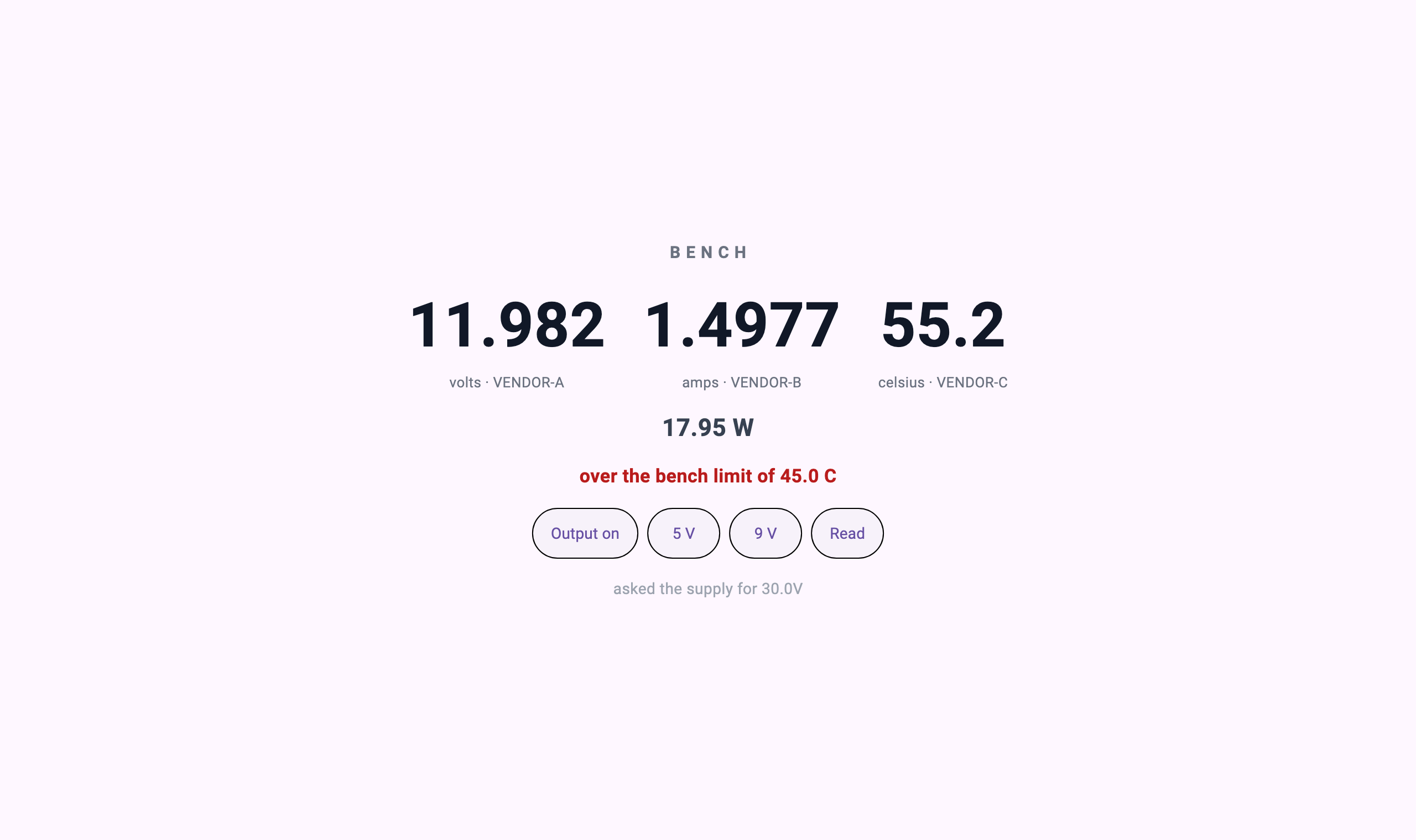 11.982 volts · 1.4977 amps · 55.2 celsius · 17.95 W — over the bench limit of 45.0 C