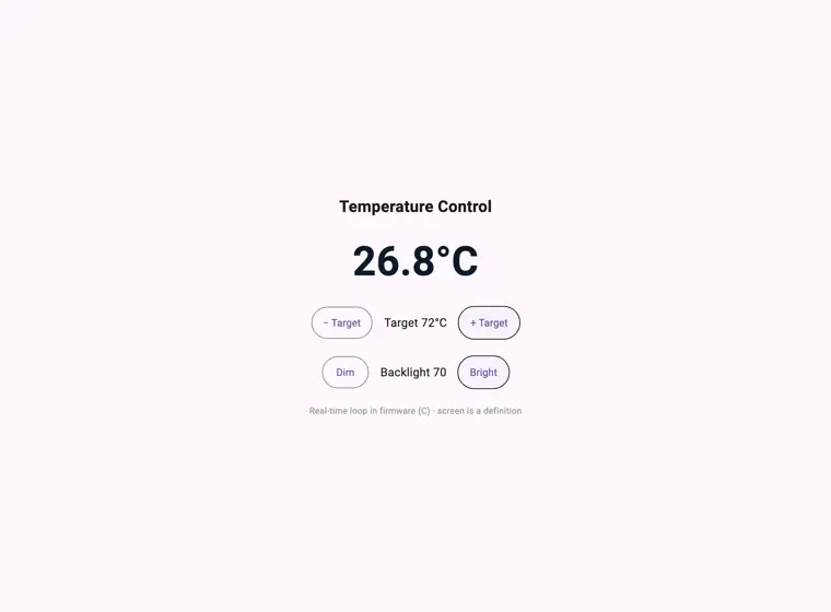 一段从 22°C 开始、逐帧爬到 33 → 48 → 60 → 70°C 的真实渲染序列。每一帧上的数字，都是那一刻模拟固件返回的实际值