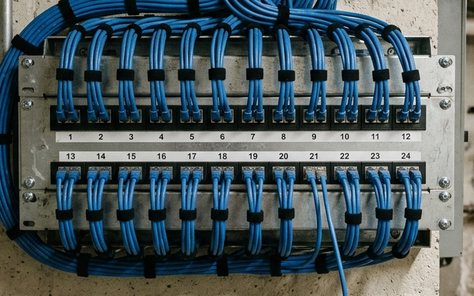 A patch panel with its cables bundled