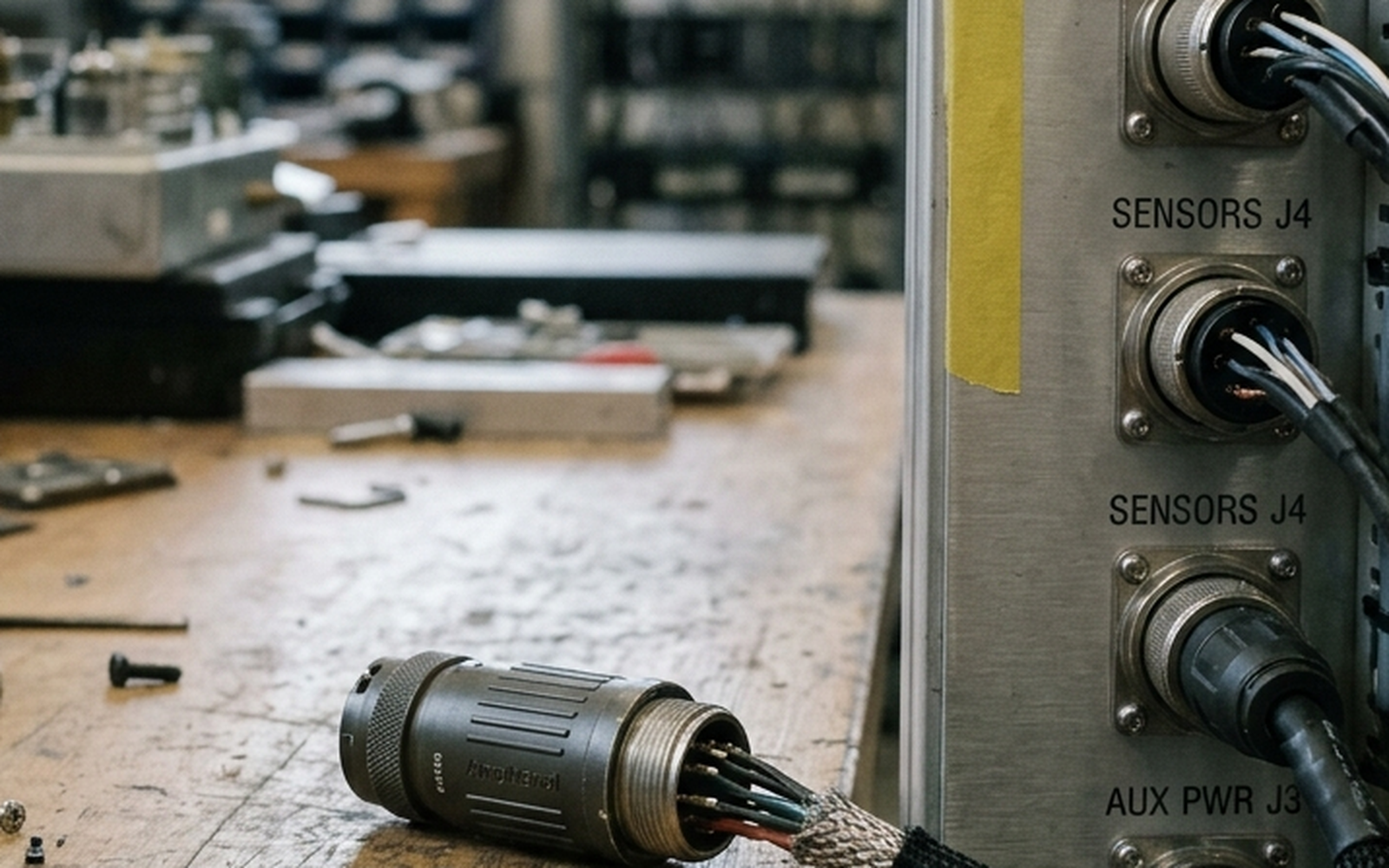 A power distribution panel in an equipment rack