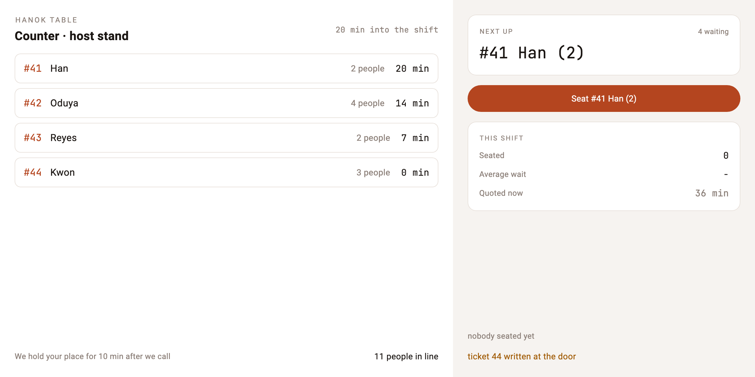 柜台屏 —— 同样的四组带着各自等待时长（20/14/7/0 min），右侧 NEXT UP 是 `#41 Han (2)`，按钮上也写着那一组