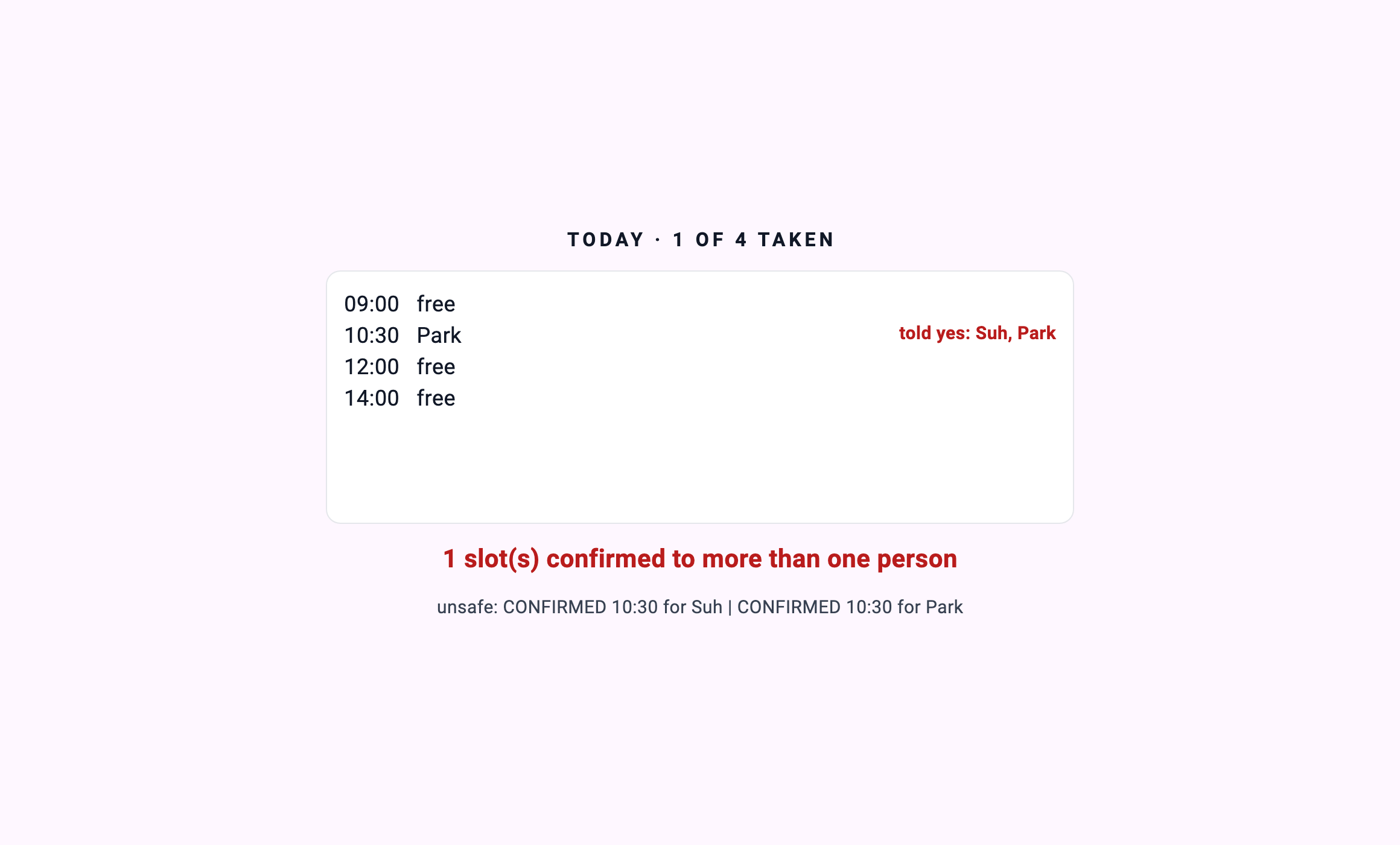 TODAY · 1 OF 4 TAKEN — 10:30 Park, told yes: Suh, Park. "1 slot(s) confirmed to more than one person"